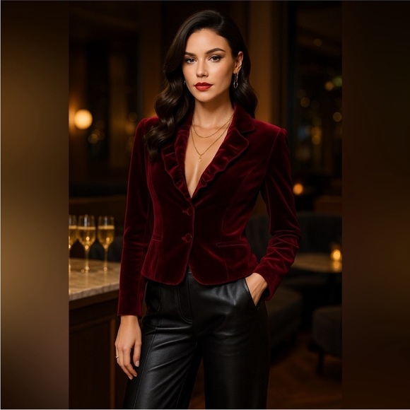 Tops - Vintage Velvet Ruffle Collar Blazer Jacket by Margareta | Wine Red | Size Medium